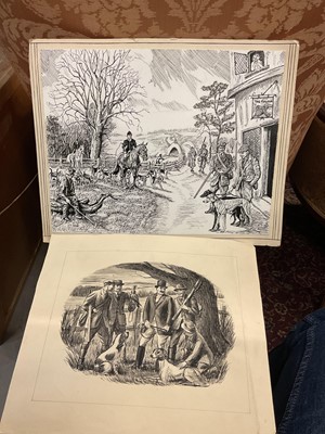 Lot 573 - G.E. Wells pin and ink illustration- the hunt meeting at the Falcon, together with another hunting illustration (unsigned), (2).