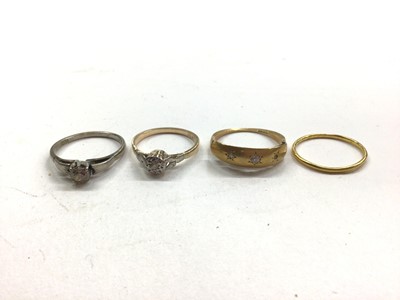 Lot 1126 - Two 18ct gold diamond single stone rings, 18ct gold diamond set ring (broken) and a yellow metal wedding ring (4)