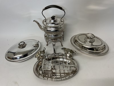 Lot 368 - Edwardian silver plated tea kettle on stand with burner, Edwardian silver plated asparagus set with a pair of sauce boats and asparagus tongs on serving platter/stand, together with two Edwardia...