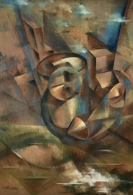 Lot 123 - J M Sutton, 1956, pastel futurist composition, signed, 73cm x 52cm, in glazed frame