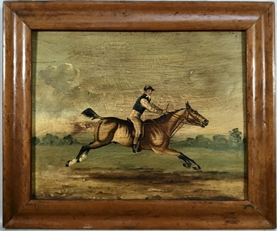 Lot 201 - English School 19th century oil on pine panel - Jockey on a chestnut horse galloping across a field, initialled G.J., 20cm x 26cm, in maple frame