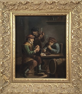 Lot 202 - Dutch School, 19th Century pair oils on metal - Peasants playing cards, and a guitar in a tavern, in later gilt frames. Each 20cm x 17cm