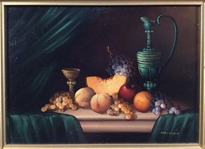 Lot 203 - Zsuzanna Kalman, oil on panel - Still Life of fruit and a wine jug on a table top, signed, 13cm x 18cm, in gilt and velvet frame