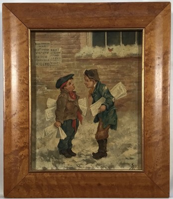 Lot 205 - Victorian School, oil on canvas, two newspaper boys chatting in the snow by a poster recording the Russian Turkish war 1877 - 1878, initialled W.P., 23cm x 19cm, in maple frame