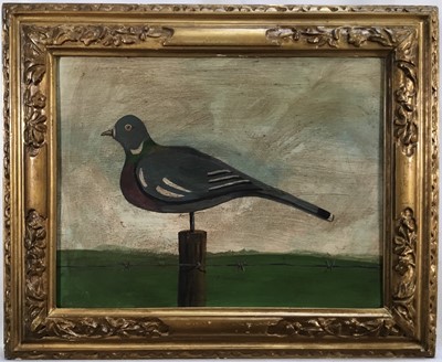 Lot 206 - English School, early 20th century, oil on board - Decoy pigeon on a post in a landscape, 25cm x 33cm, in ornate gilt frame