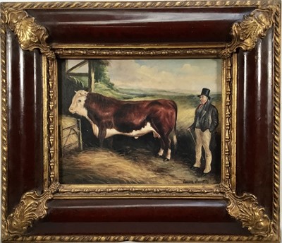 Lot 209 - L. Beattie, late 20th century print laid on board - A gentleman farmer and his prize bull by a barn, printed signature, 19cm x 24cm, in ornate gilt and painted frame