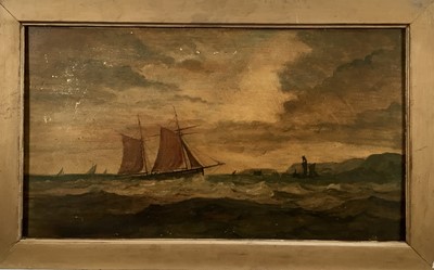 Lot 211 - English School 19th century, pair of oils on board - Fishing vessels off the coast, in gilt frames. Each 21cm x 39cm. (2)