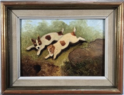 Lot 213 - English School 20th century, oil on board - Dogs at a rabbit hole, 14cm x 19cm, in gilt frame