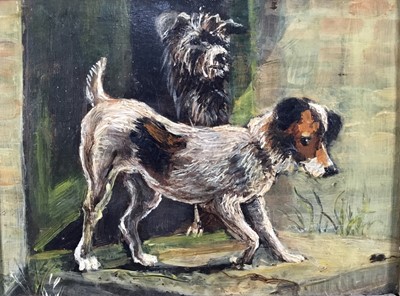 Lot 215 - English School 19th century, oil on panel - Two dogs watching a mouse, 15cm x 20cm, framed