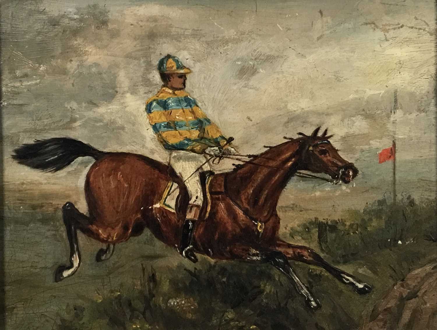 Lot 216 - English School 19th century, oil on board - Jockey taking a fence on a chestnut hunter, 16cm x 22cm, framed