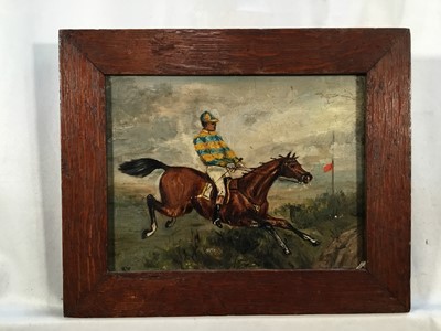 Lot 216 - English School 19th century, oil on board - Jockey taking a fence on a chestnut hunter, 16cm x 22cm, framed