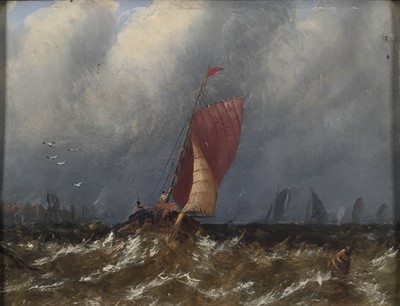 Lot 218 - English School, 19th century, oil on board - Sailing vessel off the coast, 14cm x 19cm, in gilt frame