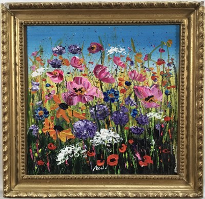 Lot 219 - Anne Akelu, oil on board - A Profusion of Wild flowers, signed, certificate verso, 19cm x 20cm, in gilt frame