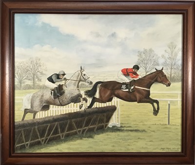 Lot 220 - Geraldine Freeman, oil on canvas - Desert Orchid and Dawn Run taking a fence signed and dated 1990, 50cm x 60cm, framed