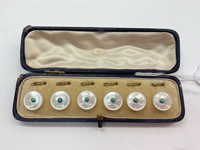 Lot 1017 - Set of six Victorian mother-of-pearl dress studs with turquoise cabachons in yellow metal setting with fittings in original fitted box retailed by Edwards & Sons