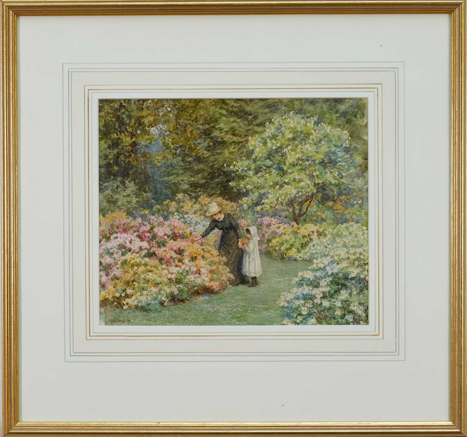 Lot 1349 - Helen Allingham (1848-1926) watercolour - 'Azaleas at Kew', signed, 20.5cm x 24.5cm, in glazed gilt frame.