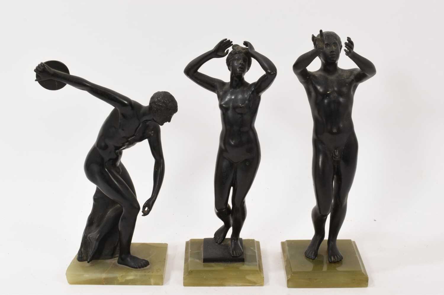 Lot 835 - Set of three Continental Grand Tour late 19th / early 20th century bronze figures after...