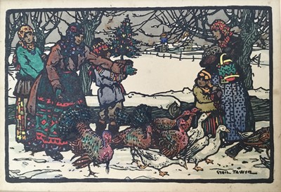 Lot 98 - Sybil Tawse (1886-1971) hand-coloured linocut - Christmas birds and figures in the snow, signed and inscribed verso, 11.5cm x 17.5cm, unframed