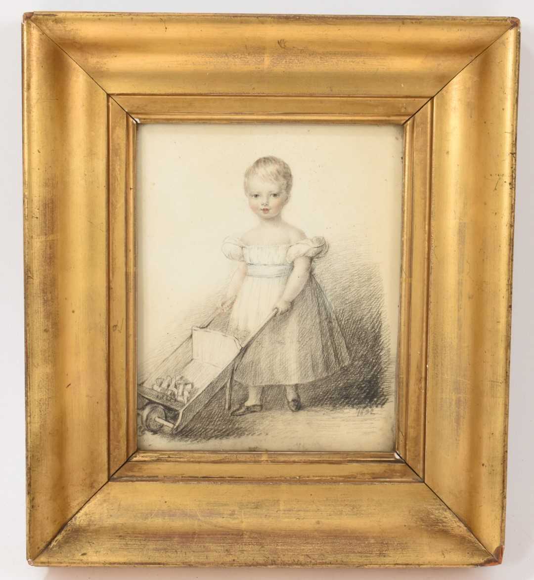 Lot 861 - Georgian miniature portrait on paper of a child gardener, dated 1822