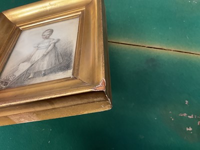 Lot 861 - Georgian miniature portrait on paper of a child gardener, dated 1822
