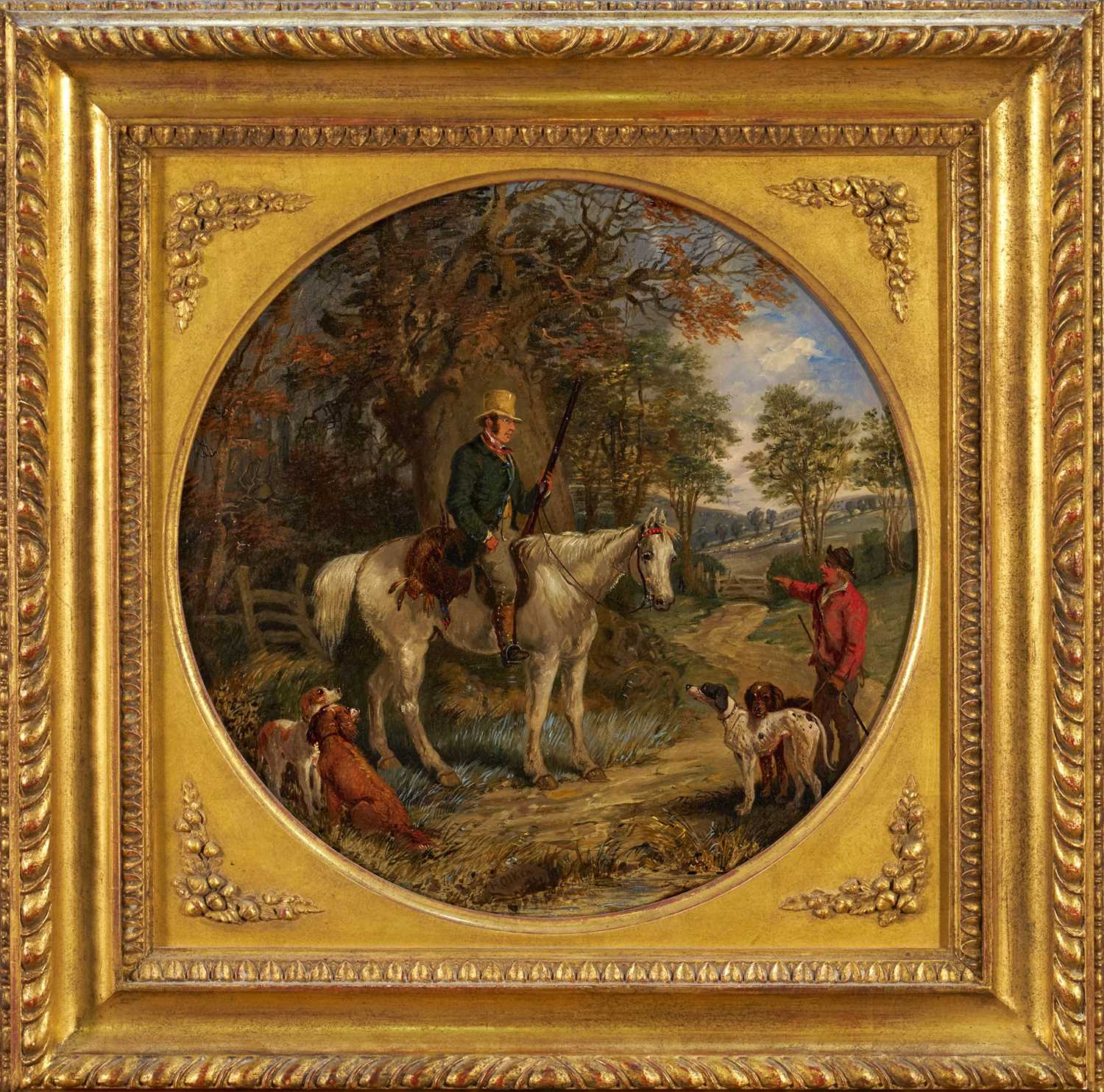 Lot 1240 - Henry Thomas Alken Snr. (1785-1851) oil on board - The Day’s Bag, signed, 30cm x 30cm, in oval slip and gilt frame