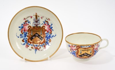 Lot 17 - A Worcester armorial teacup and saucer, circa 1772