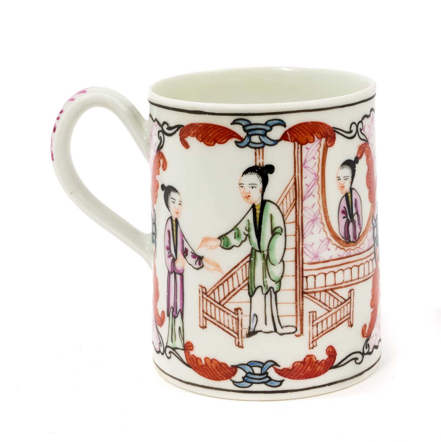 Lot 14 - A Worcester mug, circa 1765, of slightly tapered form with grooved handle, painted in the Mandarin style on both sides with three Chinese figures, 8.5cm high See Zorensky plate 144 for si...