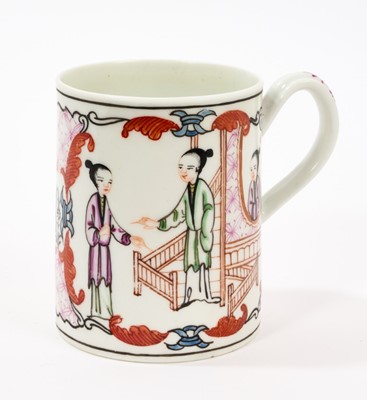 Lot 14 - A Worcester mug, circa 1765, of slightly tapered form with grooved handle, painted in the Mandarin style on both sides with three Chinese figures, 8.5cm high See Zorensky plate 144 for si...