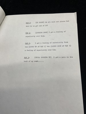 Lot Original script by Marty Feldman and John Law for the Frost Report for 'Three Men' featuring John Cleese, Ronnie Barker and Ronnie Corbett. Provenance: Josephine Tewson Collection