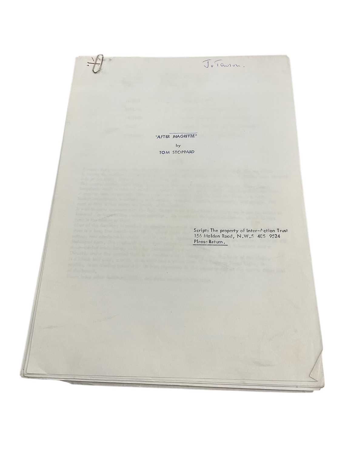 Lot Original Script for After Magritte by Tom Stoppard. Provenance: Josephine Tewson Collection (Original cast member)