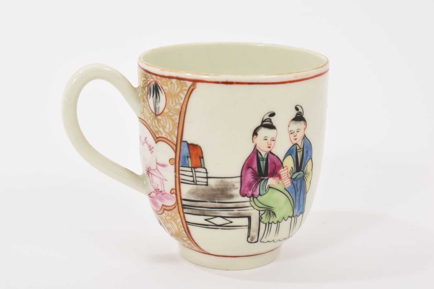Lot 42 - A Worcester coffee cup, circa 1768, possibly painted in the atelier of James Giles with the 'Boy in the Window' pattern, with landscape and foliate panels on a gilt scrollwork ground, 6.5cm high