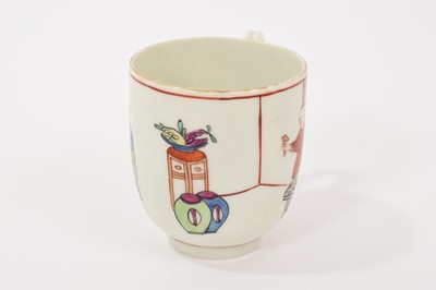 Lot 42 - A Worcester coffee cup, circa 1768, possibly painted in the atelier of James Giles with the 'Boy in the Window' pattern, with landscape and foliate panels on a gilt scrollwork ground, 6.5cm high
