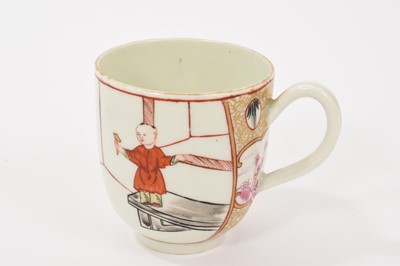 Lot 42 - A Worcester coffee cup, circa 1768, possibly painted in the atelier of James Giles with the 'Boy in the Window' pattern, with landscape and foliate panels on a gilt scrollwork ground, 6.5cm high