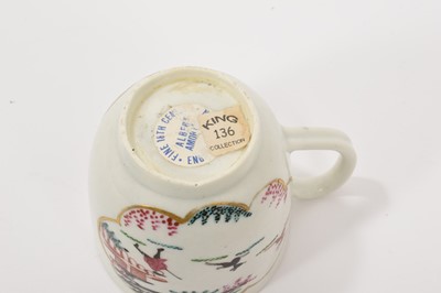 Lot 18 - A Worcester 'Stag Hunt' pattern coffee cup, circa 1765-70, with grooved handle, painted in bright enamels inside gilt-edged panels, the interior with a gilded arrowhead border, 6.25cm high