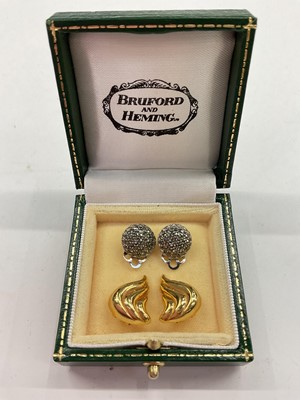 Lot 1044 - Pair of 9ct gold clip on earrings and pair of marcasite clip on earrings