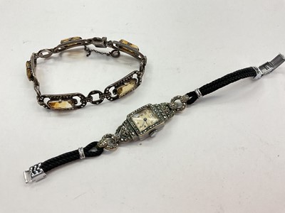 Lot 1047 - Silver marcasite and gem set panel bracelet, together with a stainless steel marcasite cocktail watch on cord strap (2)