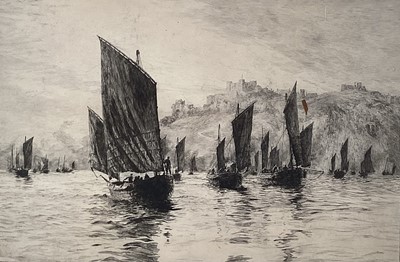 Lot 114 - William Lionel Wyllie (1851-1931) etching - Fishing Luggers off Dover, signed, 29cm x 44cm, in glazed frame