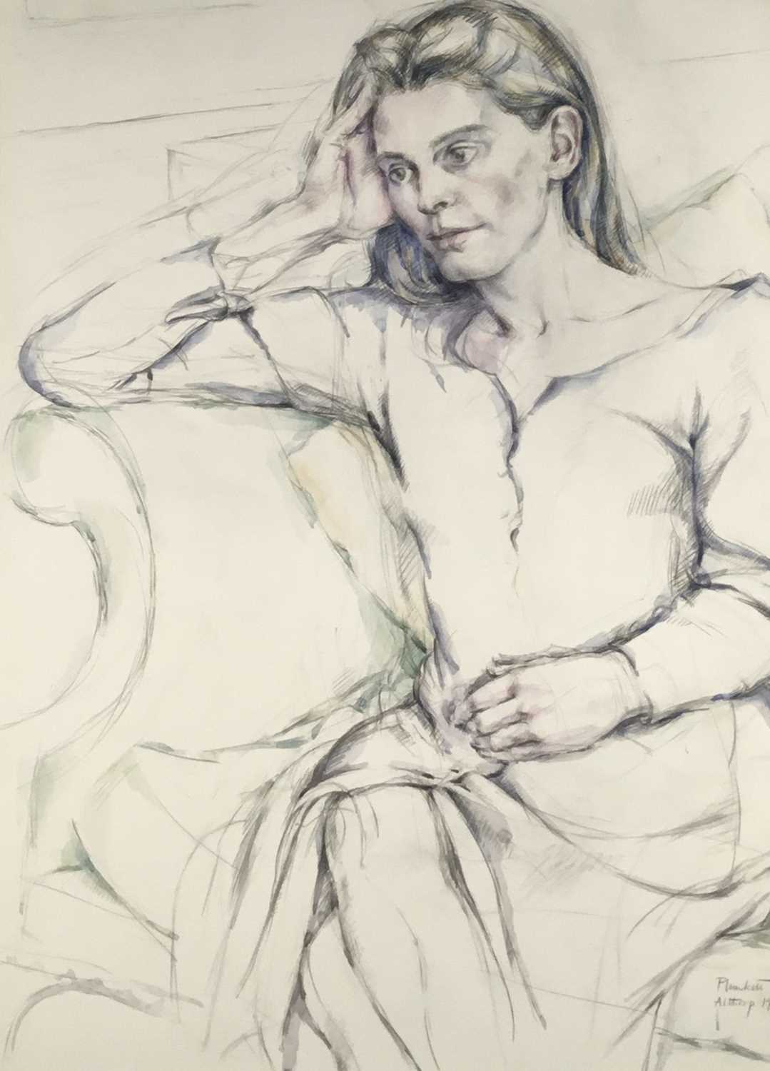 Lot 119 - Plunkett, watercolour - Portrait of Victoria Countess Spencer (nee Aitken) dated 1993 at Althorp, former wife of Charles Spencer, signed and dated, 75cm x 55cm, in glazed frame
