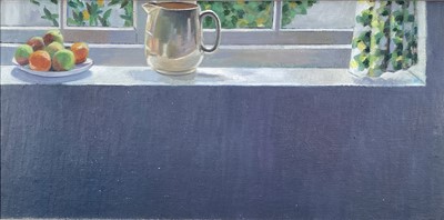 Lot 121 - P. J. Lyons, oil on canvas - 'Plate of Fruit, Jug and Curtain', 1985, signed, titled and dated verso, landscape verso, 30cm x 60cm, framed