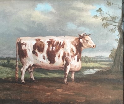 Lot 129 - Continental School, oil on canvas laid on wood - A Prize Bull, 21cm x 25cm, framed