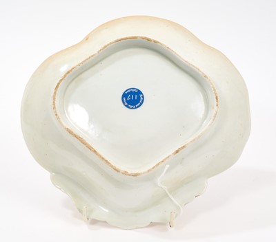 Lot 65 - Worcester Fable shell shaped dish, circa 1768, painted by Jefferyes Hamett O'Neale with The Fox and the Sheep, within gilt cartouche, gilt dentil rim, 20.75cm wide