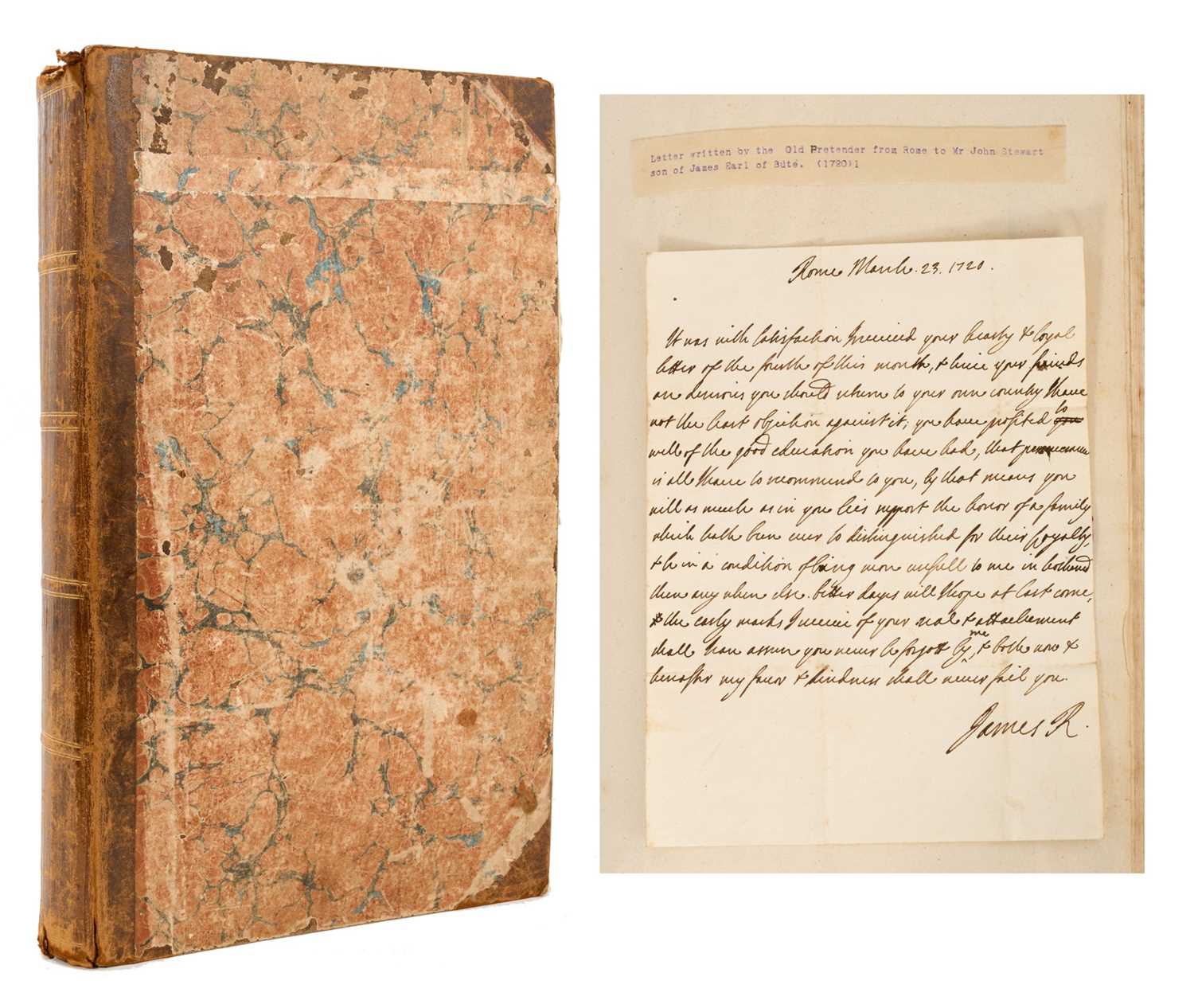 Lot Fascinating album containing letters, cuttings and ephemera, including letters from, and drafts of letters to James Stuart, the Old Pretender, and his wife Clementina in correspondence with the...