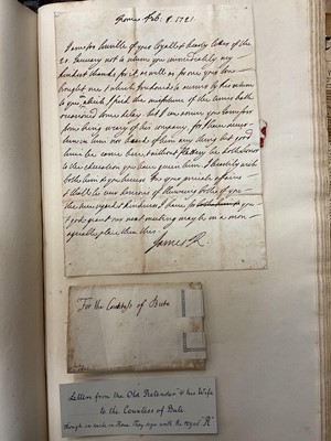 Lot 938 - Fascinating album containing letters, cuttings and ephemera, including letters from, and drafts of letters to James Stuart, the Old Pretender, and his wife Clementina in correspondence with the...