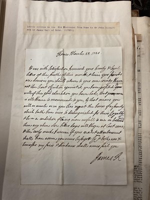 Lot 938 - Fascinating album containing letters, cuttings and ephemera, including letters from, and drafts of letters to James Stuart, the Old Pretender, and his wife Clementina in correspondence with the...