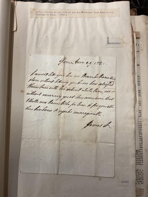 Lot 938 - Fascinating album containing letters, cuttings and ephemera, including letters from, and drafts of letters to James Stuart, the Old Pretender, and his wife Clementina in correspondence with the...