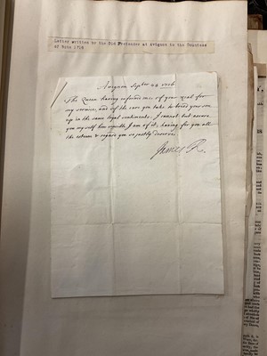 Lot 938 - Fascinating album containing letters, cuttings and ephemera, including letters from, and drafts of letters to James Stuart, the Old Pretender, and his wife Clementina in correspondence with the...