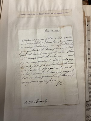 Lot 938 - Fascinating album containing letters, cuttings and ephemera, including letters from, and drafts of letters to James Stuart, the Old Pretender, and his wife Clementina in correspondence with the...