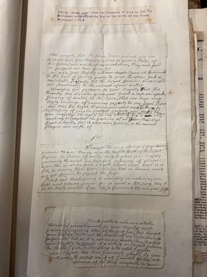 Lot 938 - Fascinating album containing letters, cuttings and ephemera, including letters from, and drafts of letters to James Stuart, the Old Pretender, and his wife Clementina in correspondence with the...