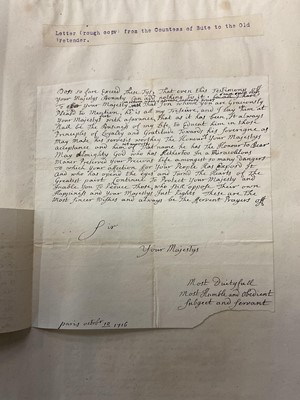 Lot 938 - Fascinating album containing letters, cuttings and ephemera, including letters from, and drafts of letters to James Stuart, the Old Pretender, and his wife Clementina in correspondence with the...