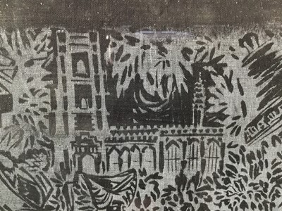 Lot 109 - Proof print by Mary Millar Watt (1924-2023) a detail from a larger linocut featuring medieval Lavenham, Suffolk, 21cm x 95cm, in glazed frame